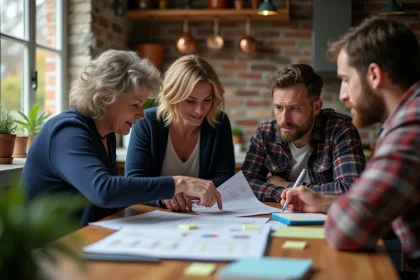 Famille réunie autour d'une table pour planifier le lancement de leur entreprise familiale avec des documents et un ordinateur portable