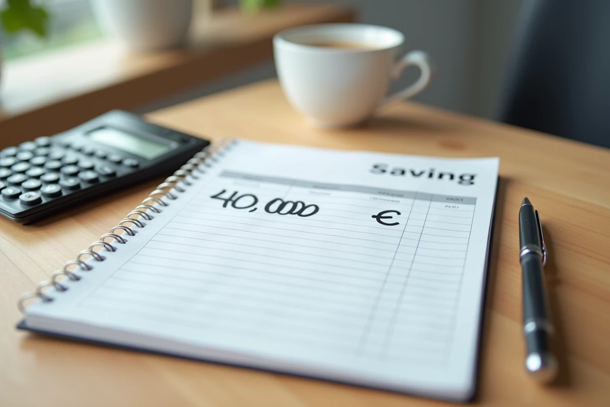 Livret d'épargne, calculatrice et note manuscrite pour placer 40 000 euros, vue de dessus