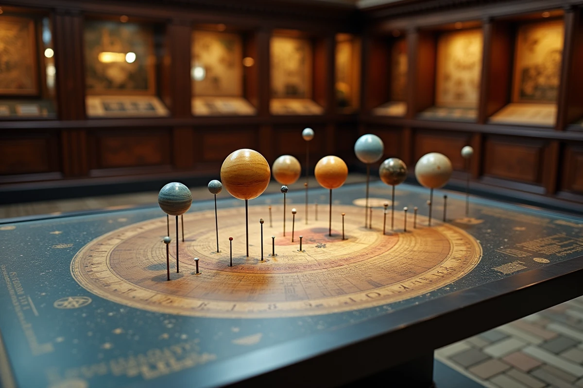 Maquette du système solaire suspendue dans un musée d'histoire naturelle, illustrant l'orientation spatiale et l'absence de référentiel haut-bas dans l'univers