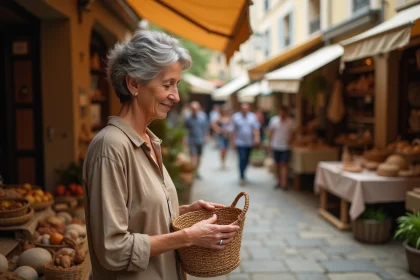 Femme examinant des objets artisanaux dans un marché traditionnel français, illustrant le concept de la vrade
