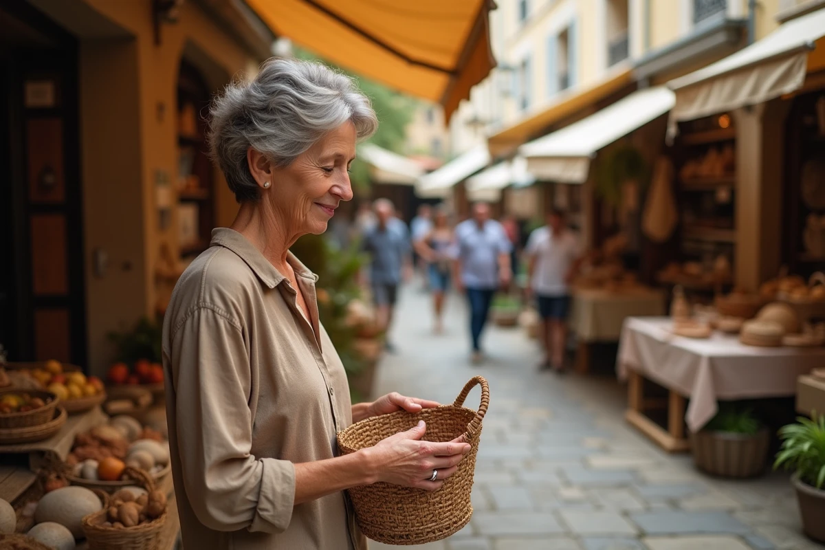 Femme examinant des objets artisanaux dans un marché traditionnel français, illustrant le concept de la vrade