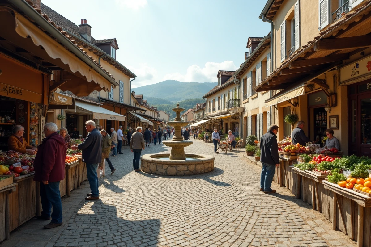 Marché de village dans un département rural peu coûteux en France avec habitants locaux