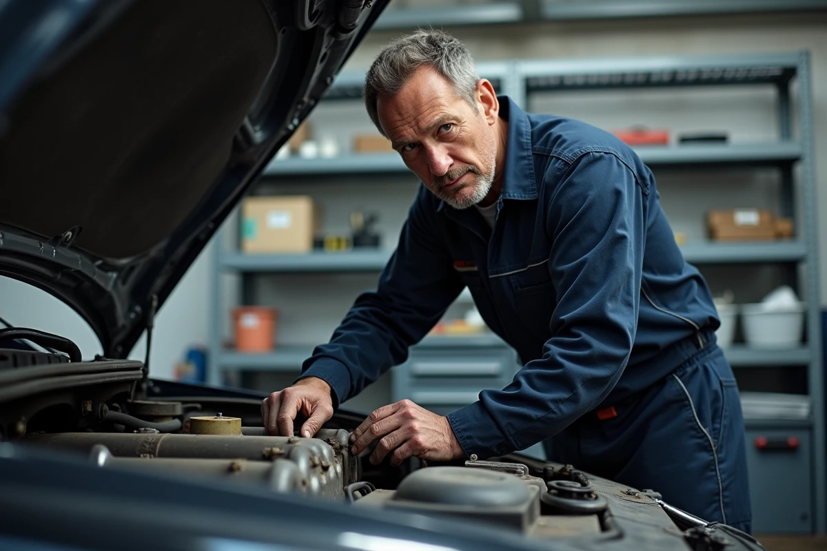Mécanicien expérimenté inspectant le moteur d'une Volvo haute kilométrage dans un garage indépendant, illustrant la durabilité des véhicules fiables