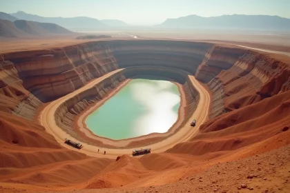 Vue aérienne d'une mine de lithium à ciel ouvert dans le désert d'Atacama, montrant des terrasses d'excavation massives et des bassins d'évaporation turquoise entourés de terres arides et dégradées.