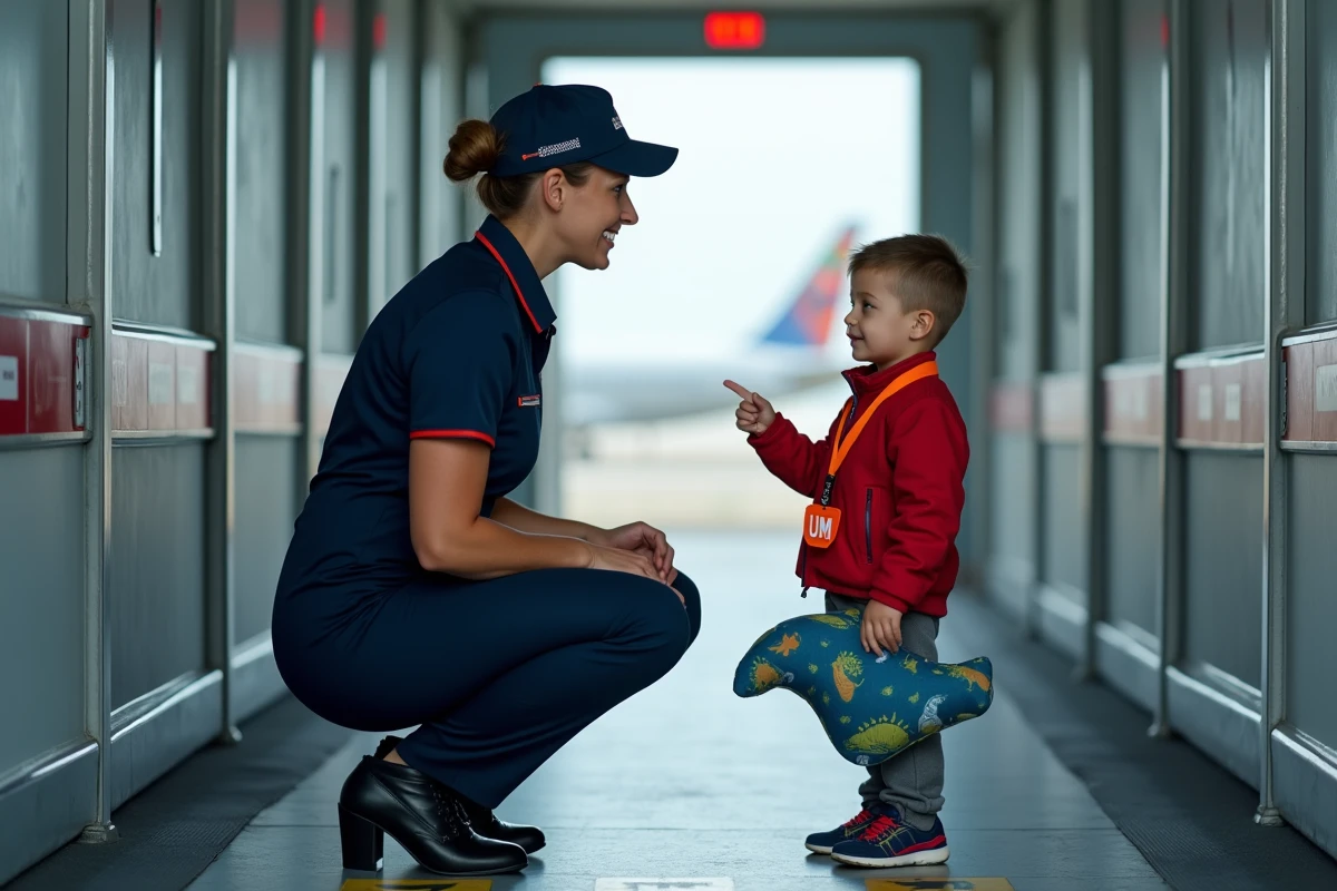 Une hôtesse de l'air en uniforme bleu marine s'agenouille pour parler à un jeune garçon portant un lanyard 'mineur non accompagné' dans une passerelle d'embarquement d'avion
