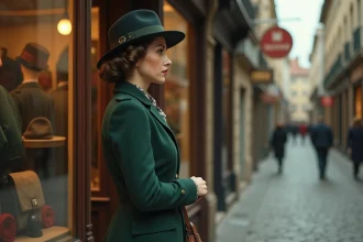 Femme en tailleur à épaulettes des années 1940 devant une vitrine de chapelier vintage dans une rue pavée européenne