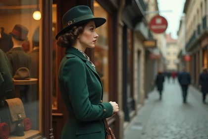 Femme en tailleur à épaulettes des années 1940 devant une vitrine de chapelier vintage dans une rue pavée européenne