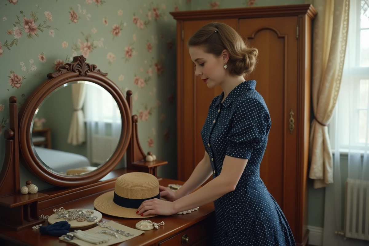 Femme en robe à pois des années 1940 arrangeant des accessoires vintage sur une coiffeuse dans un intérieur rétro