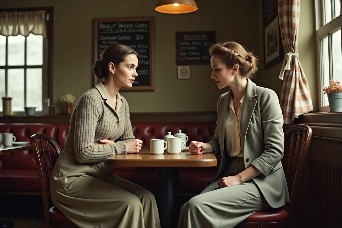 Deux femmes en tenues utilitaires des années 1940 assises dans un café de style wartime avec jupes et vestes ajustées