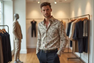 Jeune homme portant un chemisier en soie floral dans une boutique parisienne minimaliste, illustrant la mode sans genre