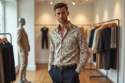Jeune homme portant un chemisier en soie floral dans une boutique parisienne minimaliste, illustrant la mode sans genre
