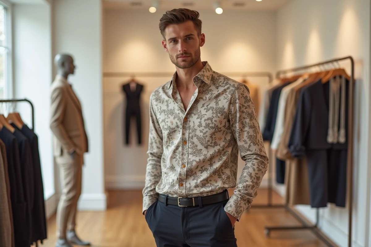Jeune homme portant un chemisier en soie floral dans une boutique parisienne minimaliste, illustrant la mode sans genre