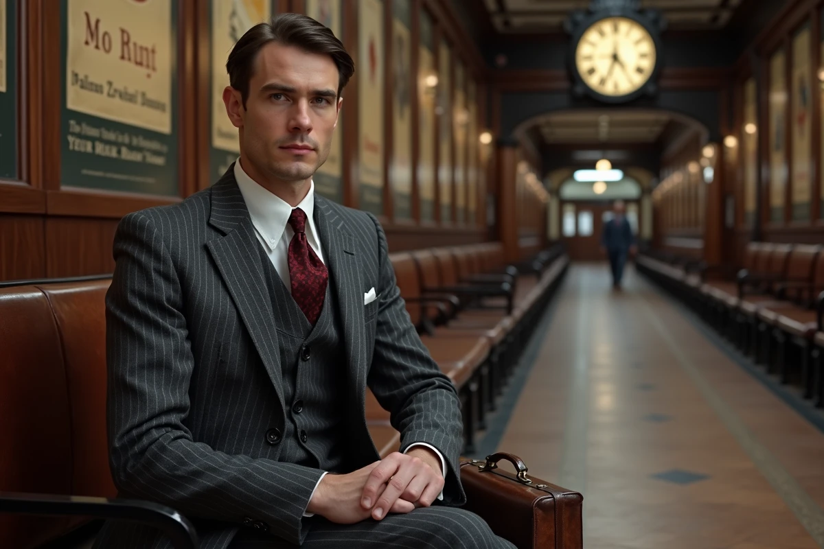 Homme en costume croisé à fines rayures des années 1940 assis dans une gare vintage avec valise en cuir