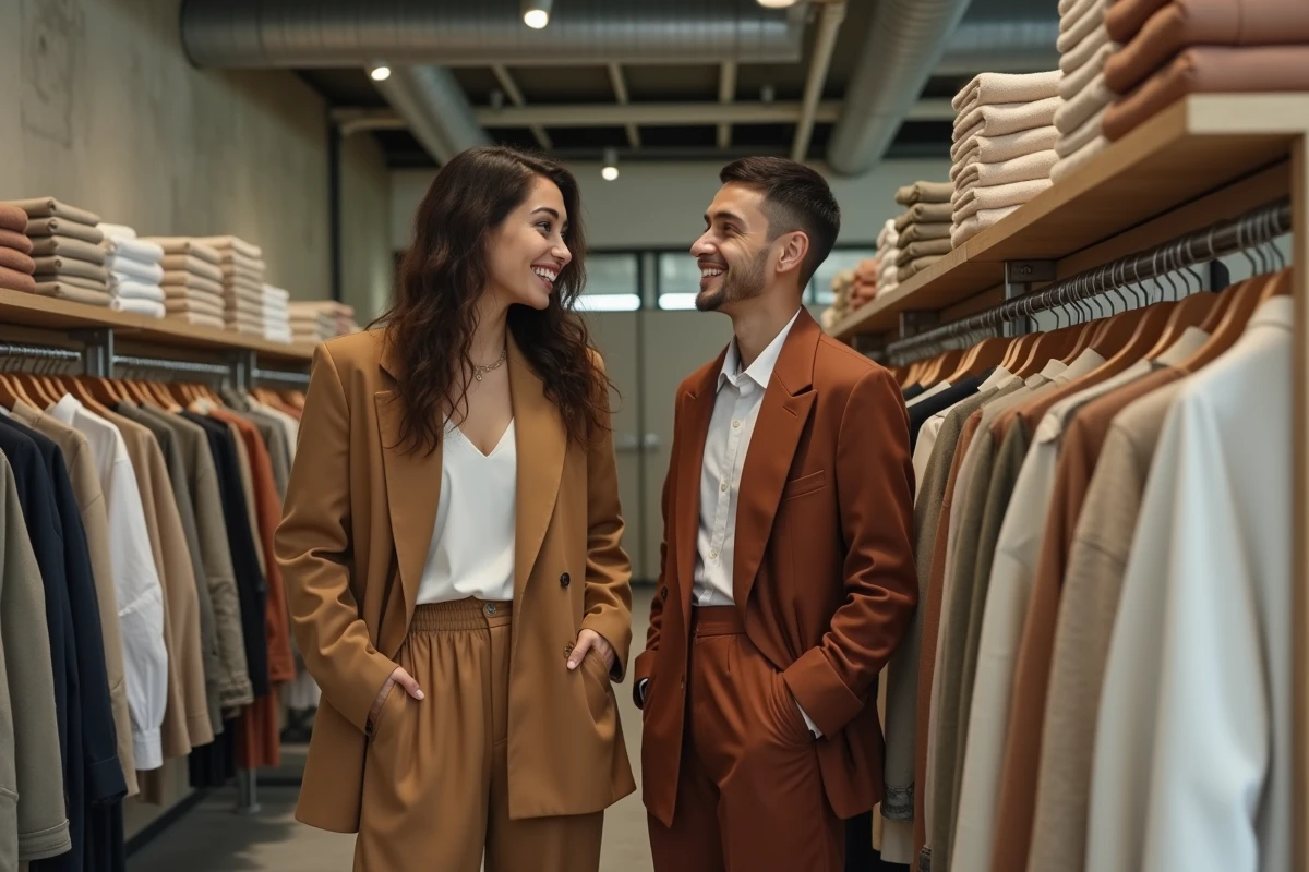Deux personnes explorant des vêtements non genrés dans un concept store urbain, reflétant la mode inclusive et neutre
