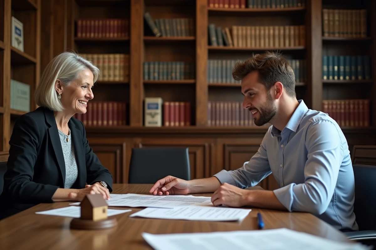Notaire et client signant un contrat immobilier dans un bureau juridique français