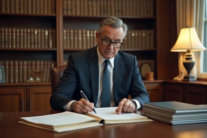 Notaire en costume marine examinant des documents de prêt hypothécaire dans un bureau juridique classique