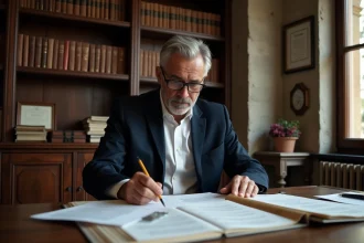 Notaire examinant des documents immobiliers lors d'une succession dans son étude parisienne