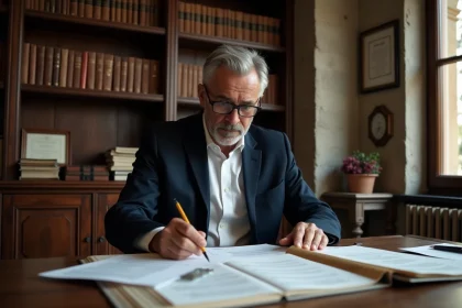 Notaire examinant des documents immobiliers lors d'une succession dans son étude parisienne