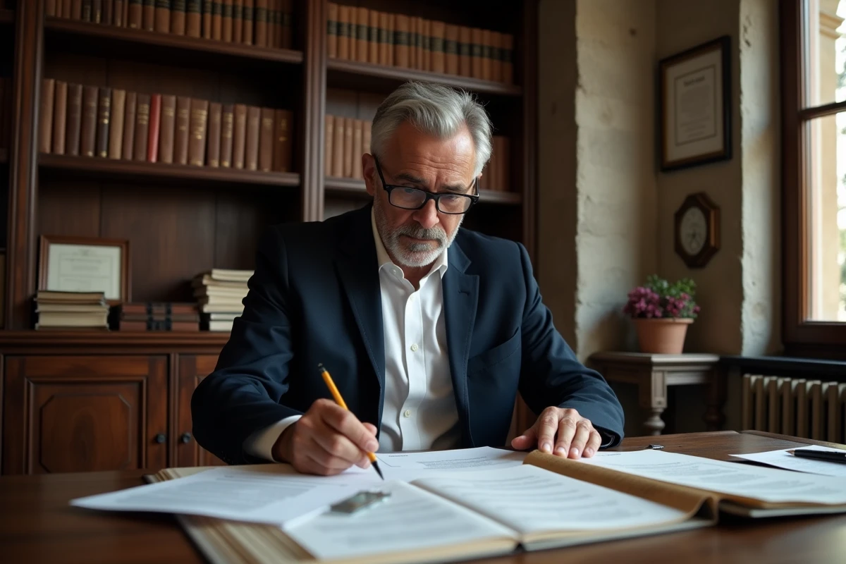Notaire examinant des documents immobiliers lors d'une succession dans son étude parisienne