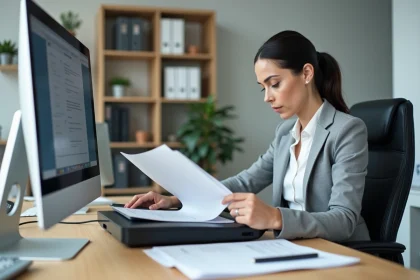 Femme en bureau numérisant des documents papier vers un ordinateur, illustrant la différence entre numérisation et digitalisation