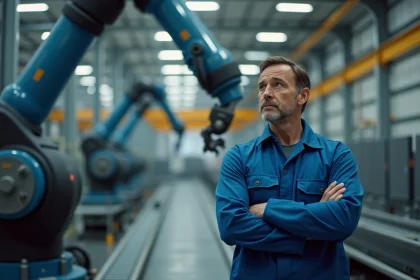 Ouvrier d'usine face à un bras robotique industriel, symbolisant l'impact de l'automatisation sur l'emploi