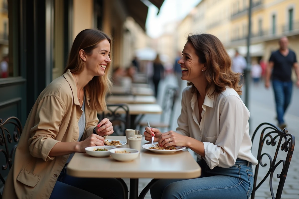 Deux femmes partageant un repas en plein air dans une démarche d'alimentation intuitive et sociale