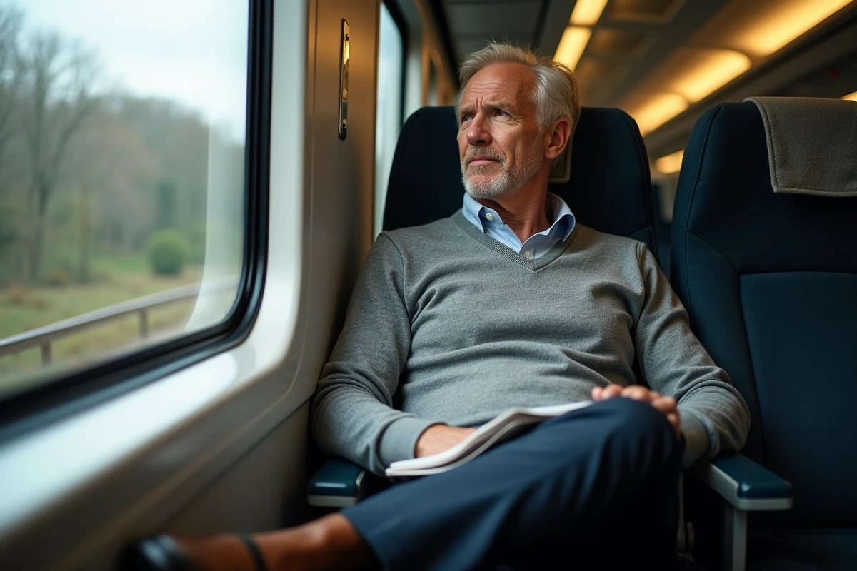 Homme d'une quarantaine d'années assis confortablement au milieu d'un wagon de train regardant par la fenêtre