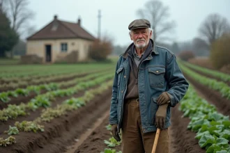 Paysan français en bleu de travail tenant une houe dans un champ cultivé en zone rurale