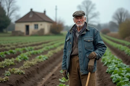 Paysan français en bleu de travail tenant une houe dans un champ cultivé en zone rurale