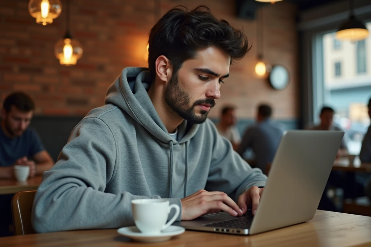 Personne retravaillant un texte IA sur un clavier mécanique dans un café urbain