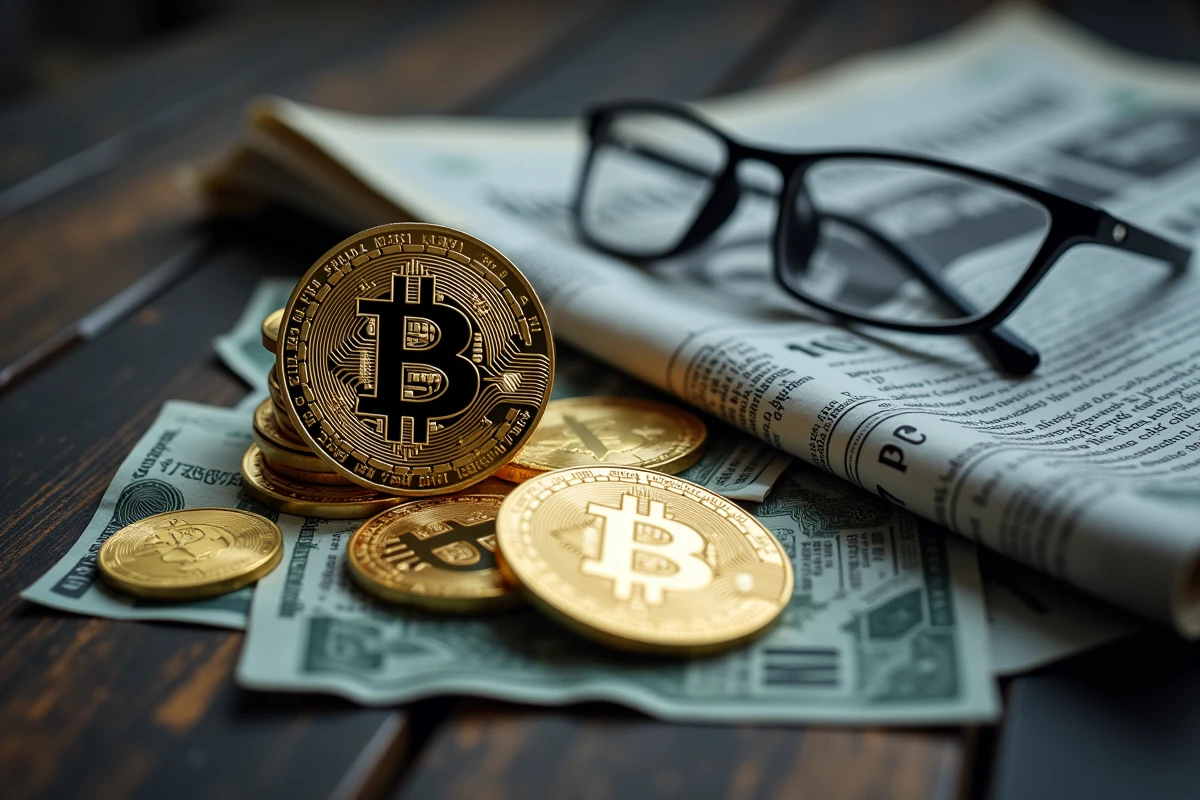 Pièces de Bitcoin physiques et journal financier froissé avec titres sur la chute des cryptomonnaies posés sur une table en bois sombre