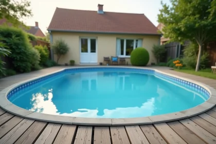 Piscine hors sol ovale installée dans un jardin pavillonnaire français avec terrasse en bois et maison en arrière-plan