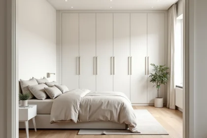 Chambre moderne avec placard intégré mural derrière la tête de lit, sol en chêne clair et décoration minimaliste scandinave