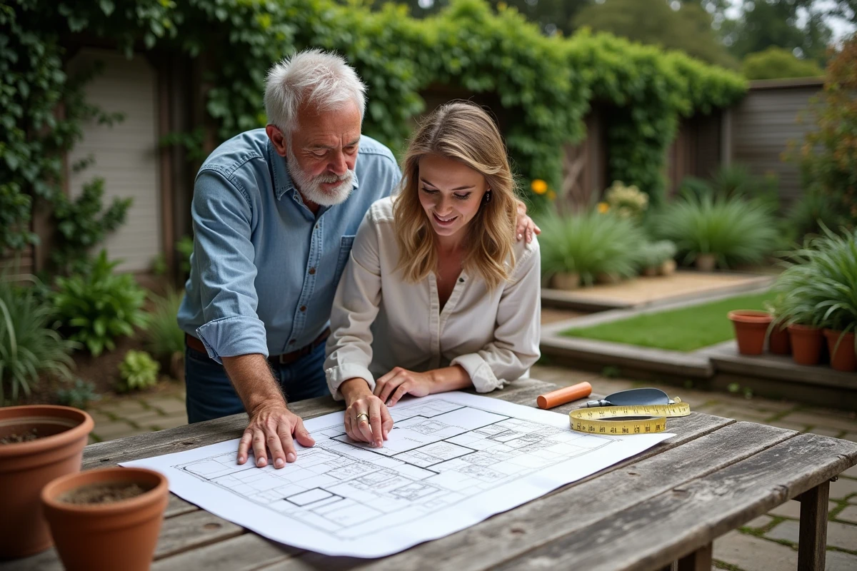 Couple planifiant l'emplacement de leur jardin avec un plan dessiné à la main sur une table extérieure