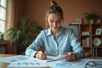 Femme planifiant le financement de son voyage avec des brochures et un budget sur un bureau en bois