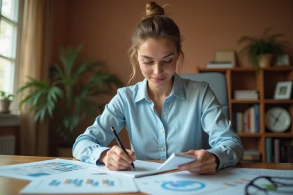Femme planifiant le financement de son voyage avec des brochures et un budget sur un bureau en bois