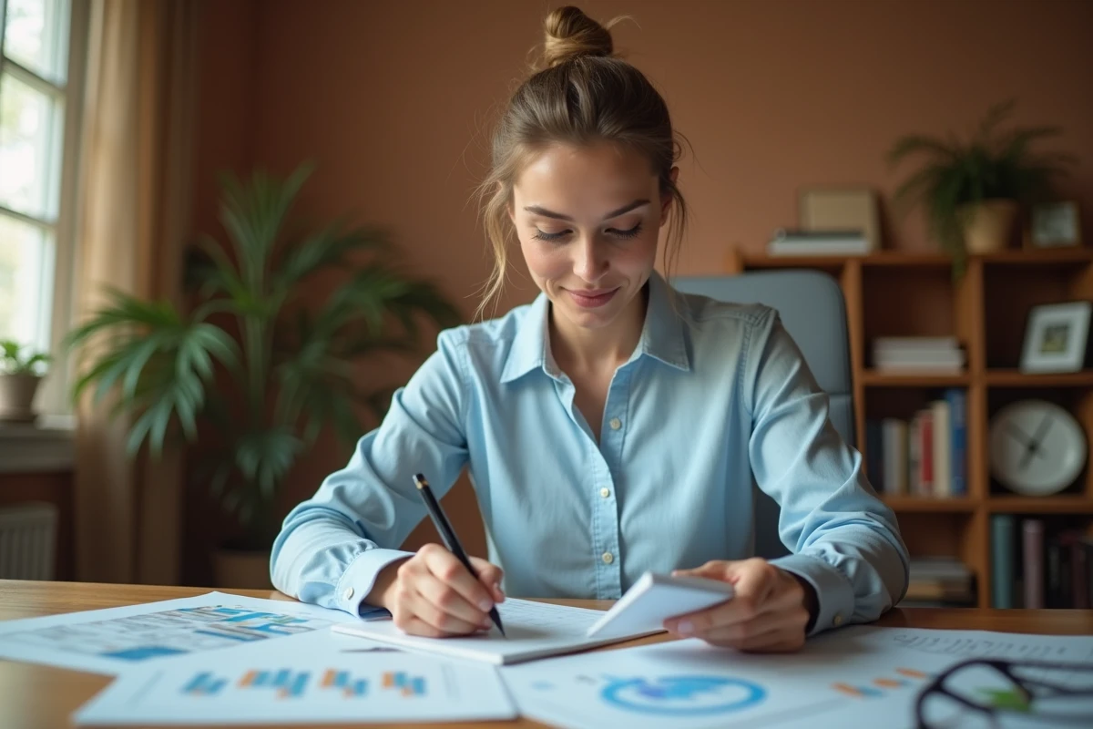 Femme planifiant le financement de son voyage avec des brochures et un budget sur un bureau en bois
