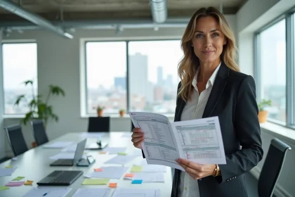 Organisatrice d'événement tenant une feuille de déroulement annotée lors d'une réunion de planification dans un bureau moderne
