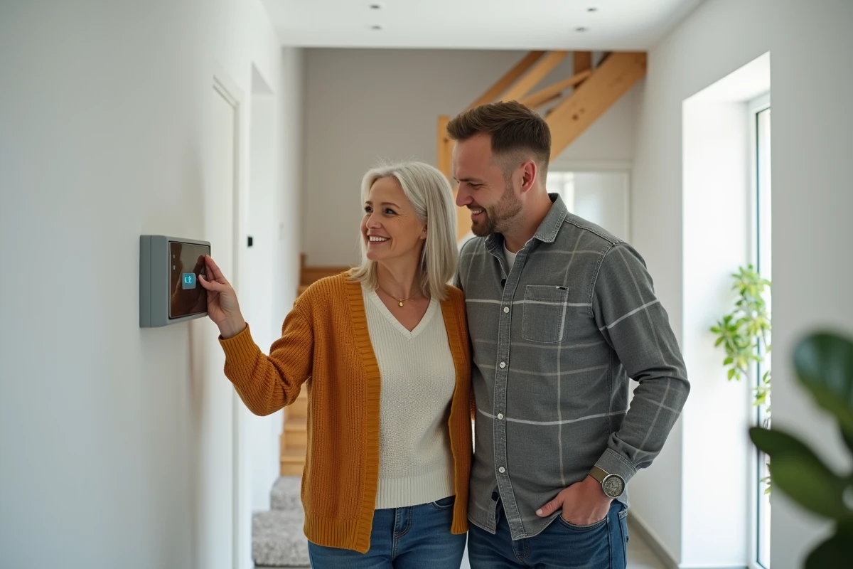 Couple inspectant le panneau de contrôle d'une pompe à chaleur air-air dans un couloir de maison moderne