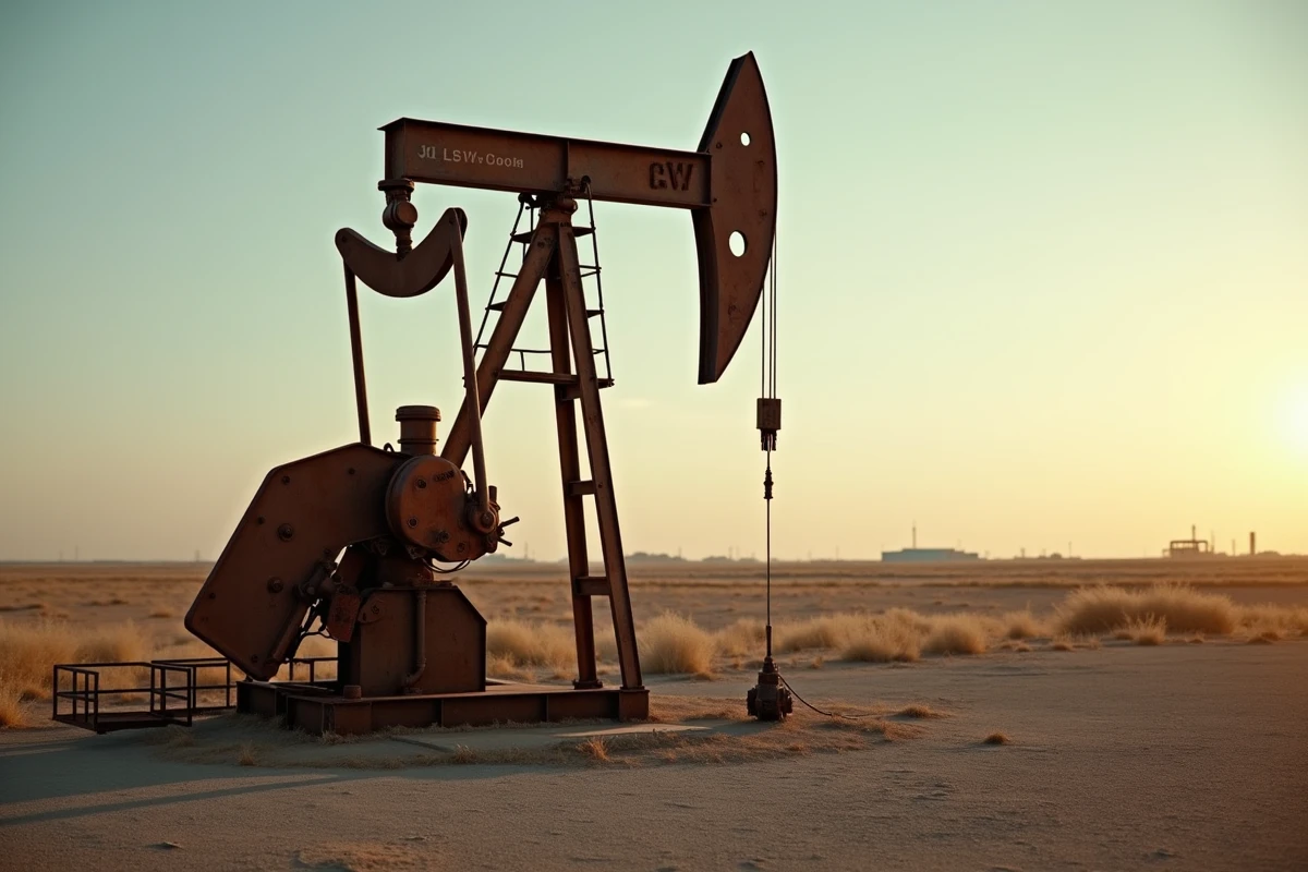 Pompe à pétrole dans une plaine aride symbolisant l'exploitation des ressources énergétiques non renouvelables