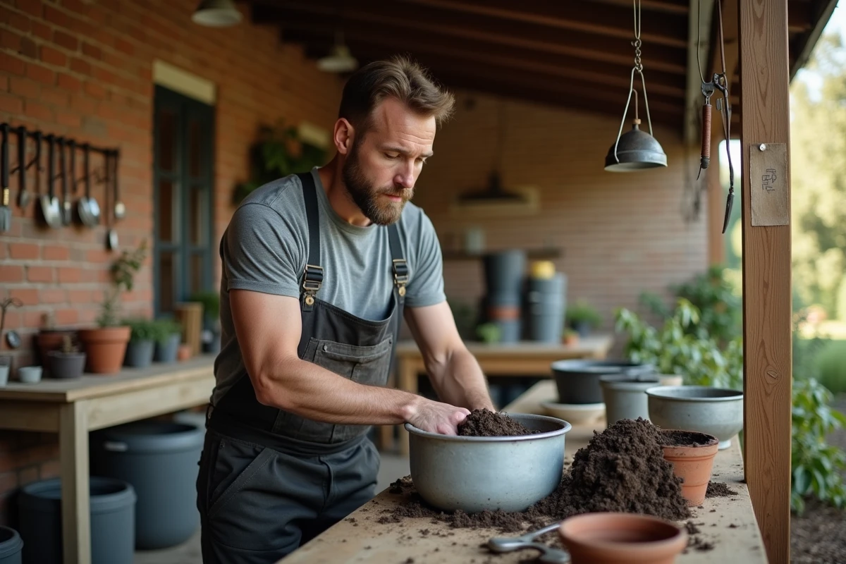 Homme préparant du terreau dans un bac en zinc sur une terrasse couverte pour aménager un jardin en pot