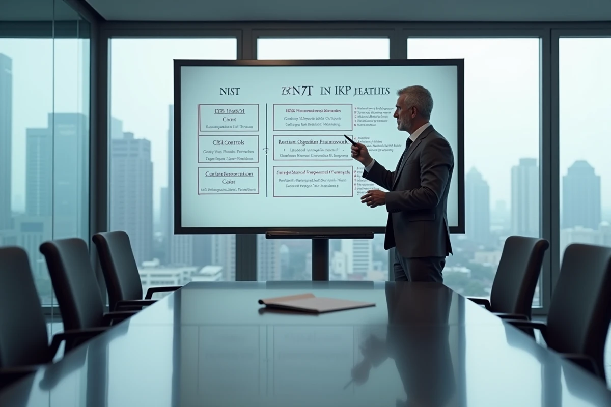 Responsable sécurité présentant une comparaison des cadres de cybersécurité NIST ISO 27001 CIS sur un tableau interactif en salle de conférence