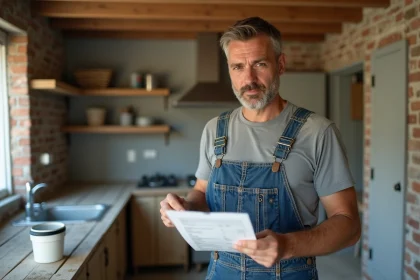 Artisan plombier en salopette examinant une facture journalière sur un chantier de rénovation de cuisine