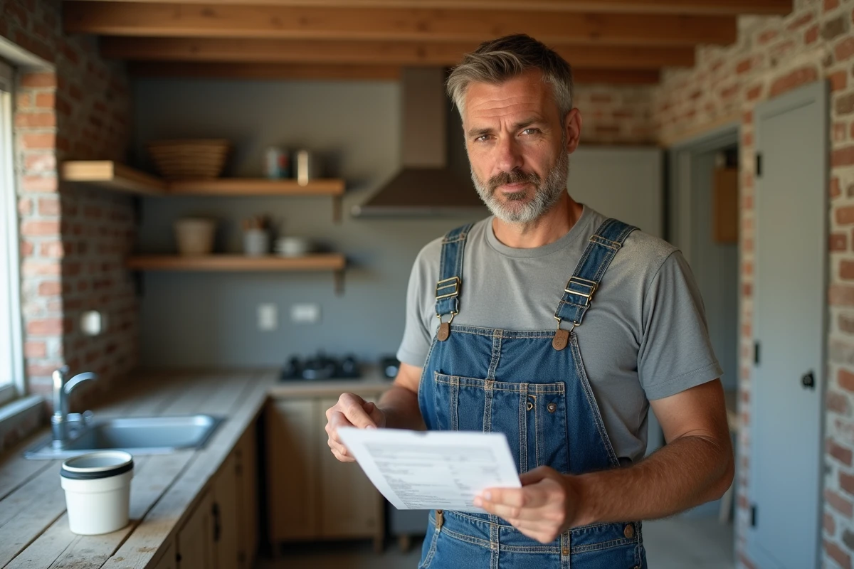 Artisan plombier en salopette examinant une facture journalière sur un chantier de rénovation de cuisine