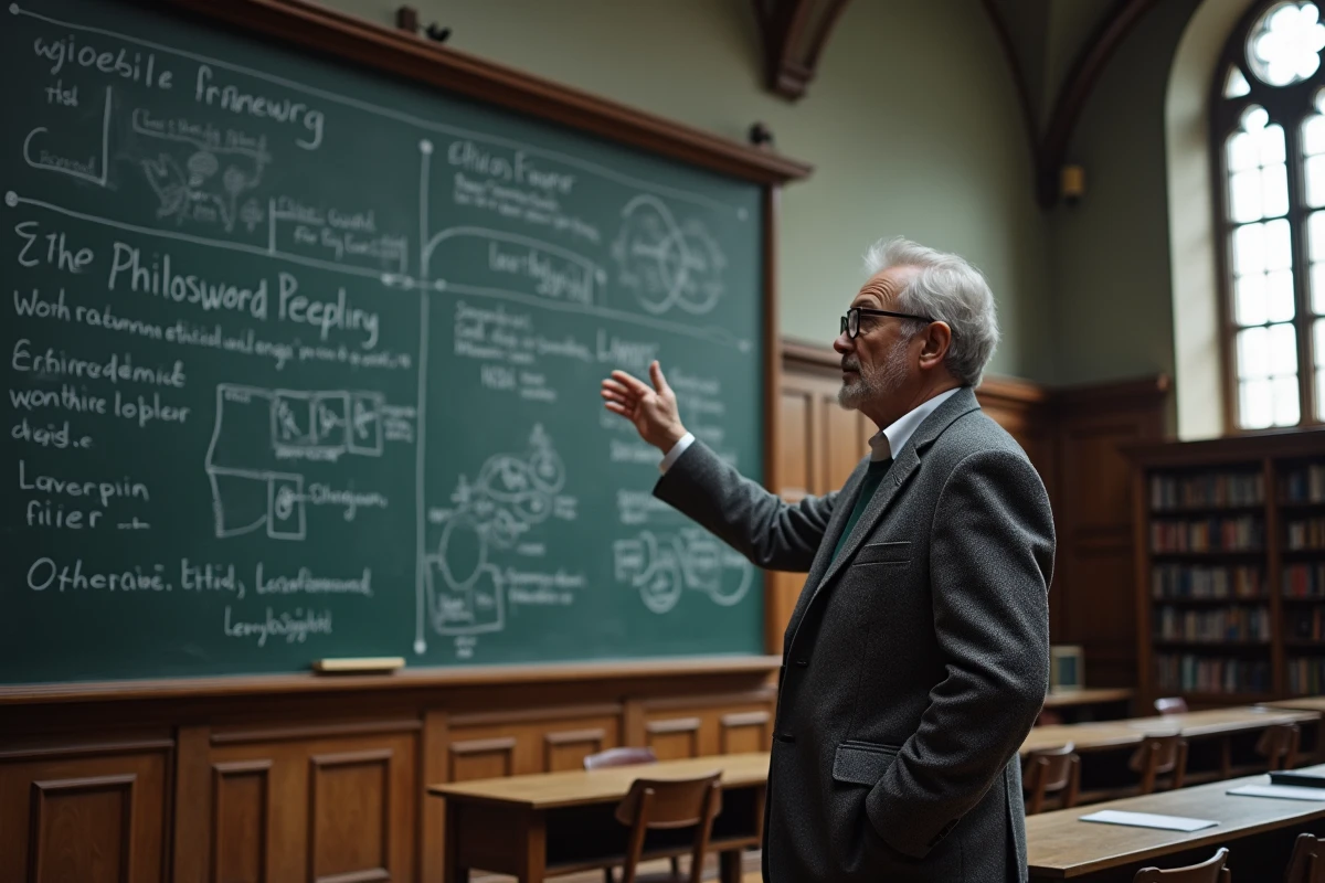 Professeur de philosophie expliquant les quatre domaines de l'éthique devant un tableau dans un amphithéâtre universitaire