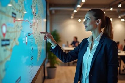 Professionnelle du tourisme interagissant avec une carte numérique interactive dans un espace de coworking moderne, illustrant l'écosystème numérique touristique