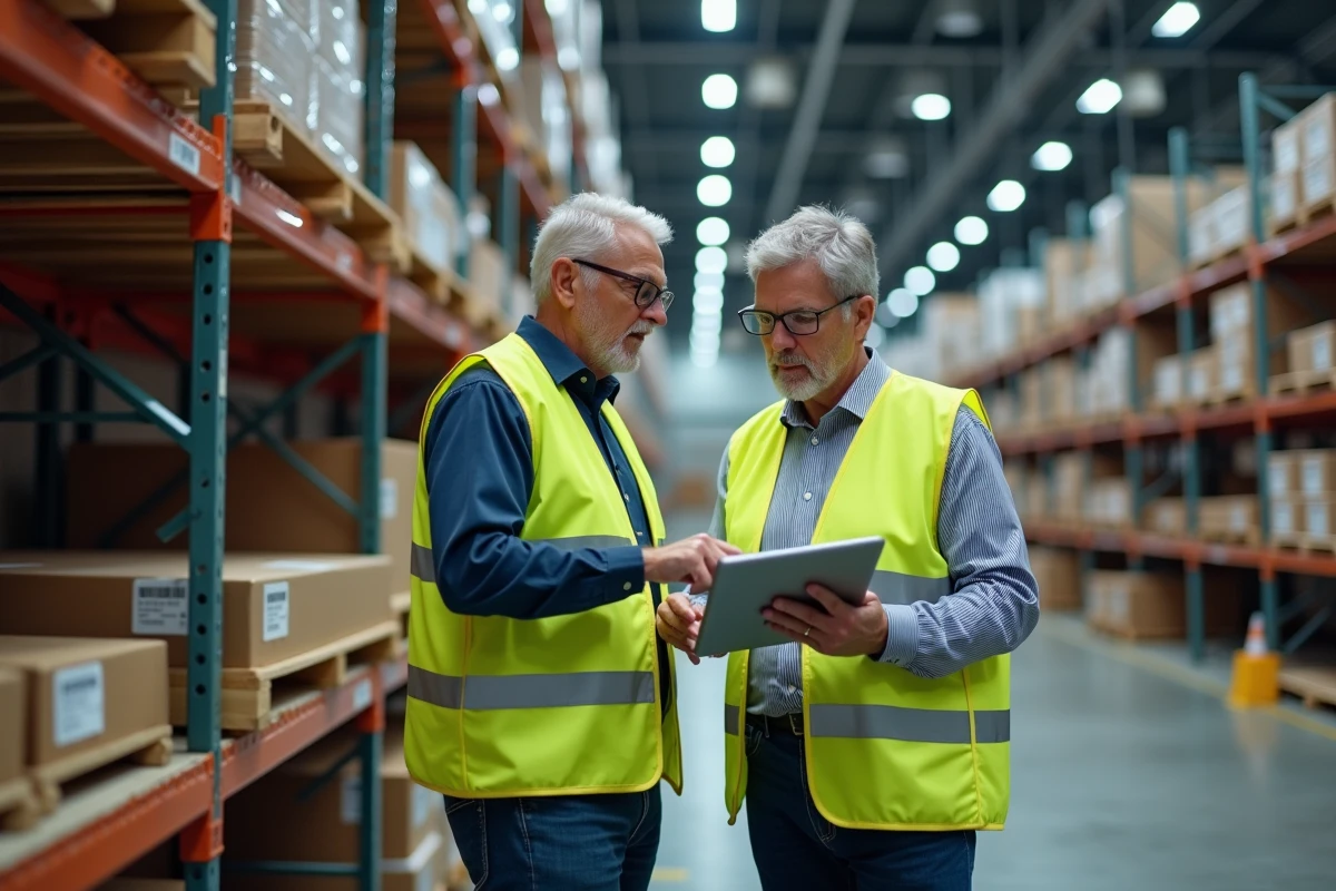 Deux professionnels de la chaîne logistique consultant une interface blockchain de traçabilité des stocks sur tablette dans un entrepôt industriel