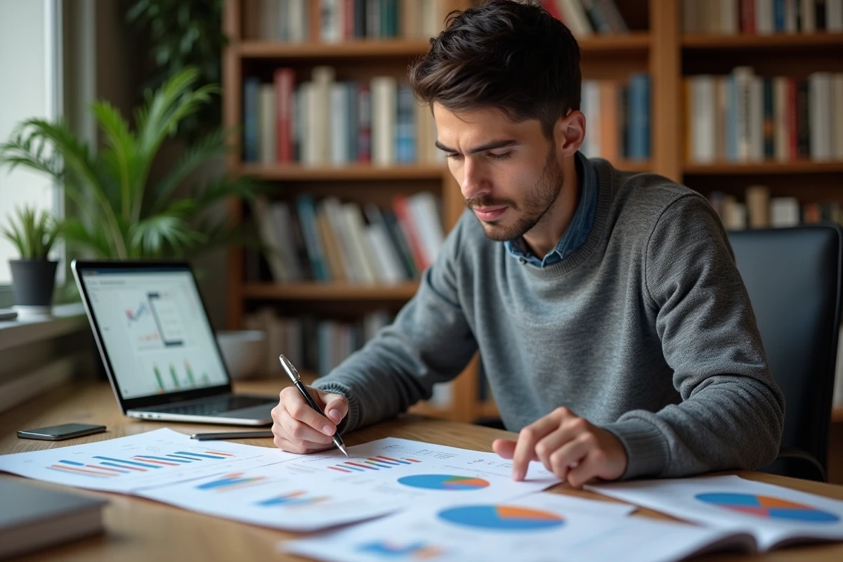 Spécialiste marketing analysant des rapports de données et des graphiques analytiques à son bureau