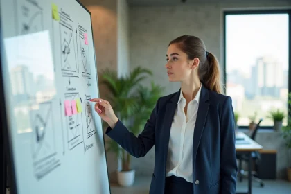 Professionnelle marketing présentant une stratégie sur un tableau blanc dans un bureau moderne