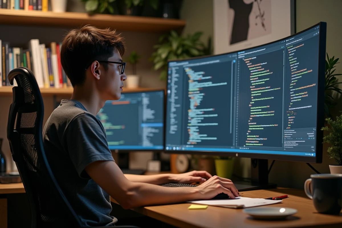 Programmeur en home office déboguant du code dans un environnement de développement intégré sur écran ultrawide